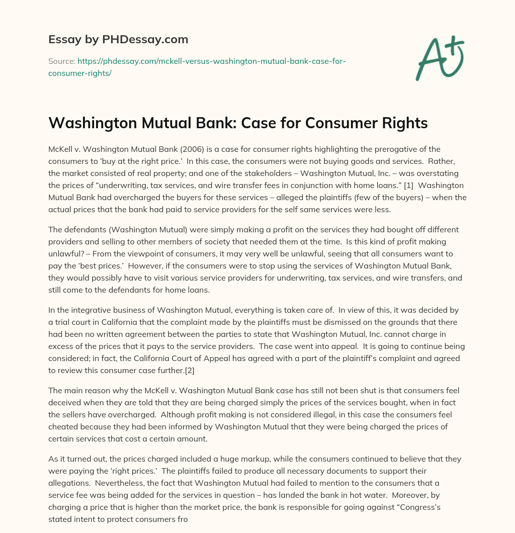 Washington Mutual Bank:  Case for Consumer Rights essay