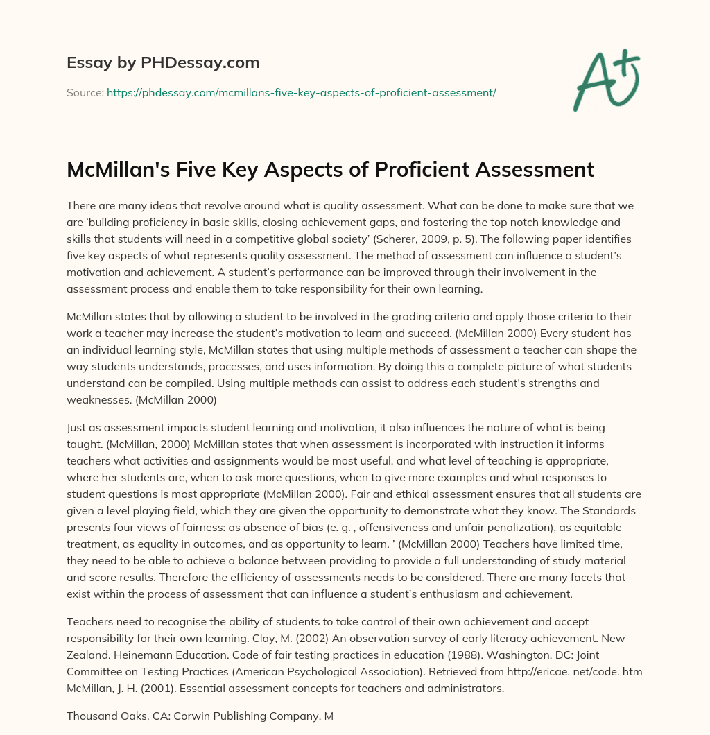 McMillan’s Five Key Aspects of Proficient Assessment essay