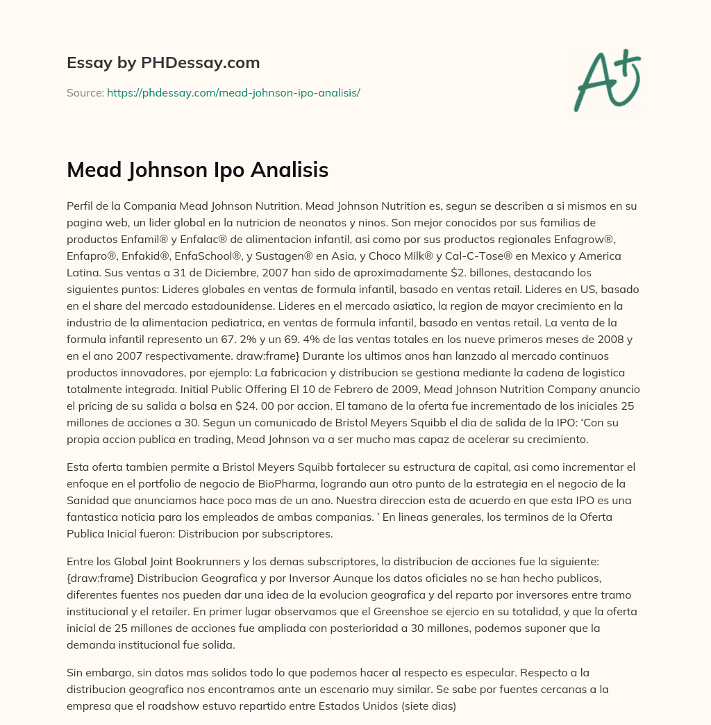 Mead Johnson Ipo Analisis essay