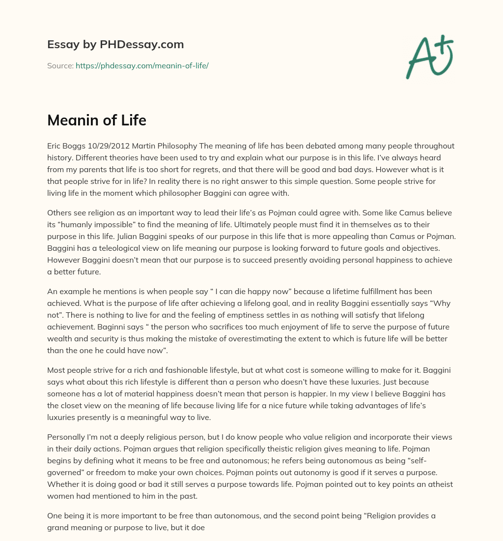 Meanin of Life essay