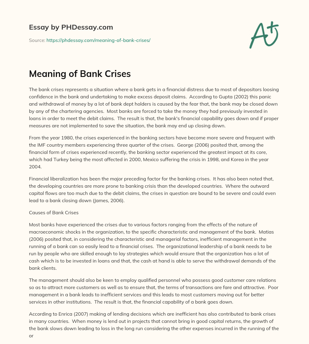 Meaning of Bank Crises essay