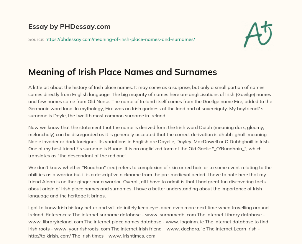 Meaning of Irish Place Names and Surnames essay