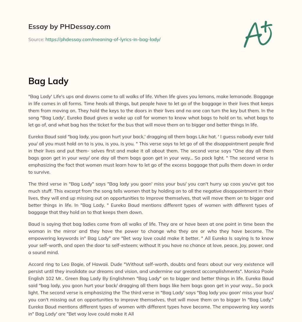 Letting Go of Baggage: Eureka Baud’s Wake-Up Call for Women essay