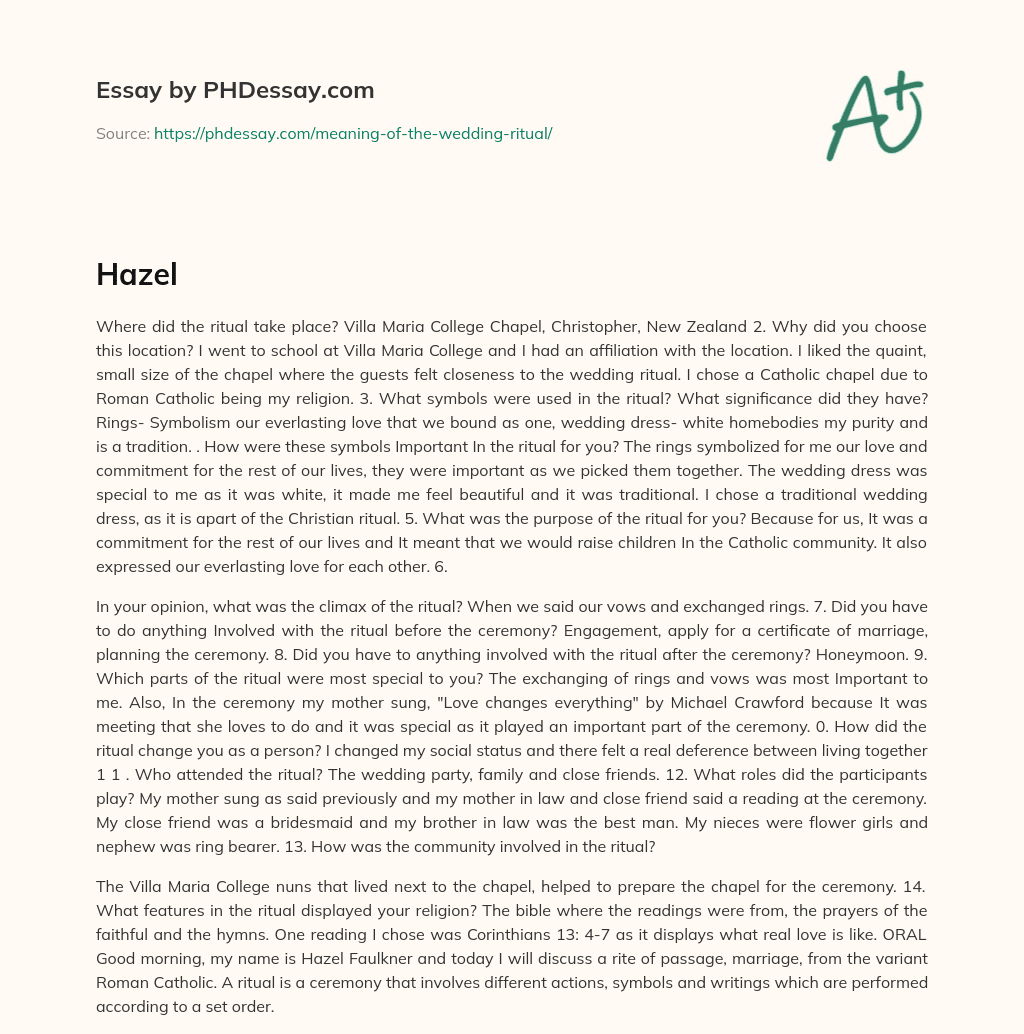 Location, Symbols, and Purpose of a Catholic Wedding Ceremony in New Zealand essay