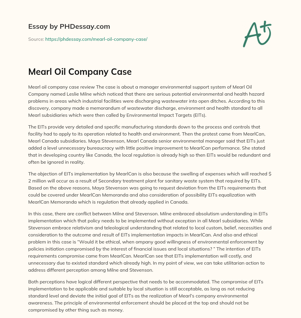 Mearl Oil Company Case essay