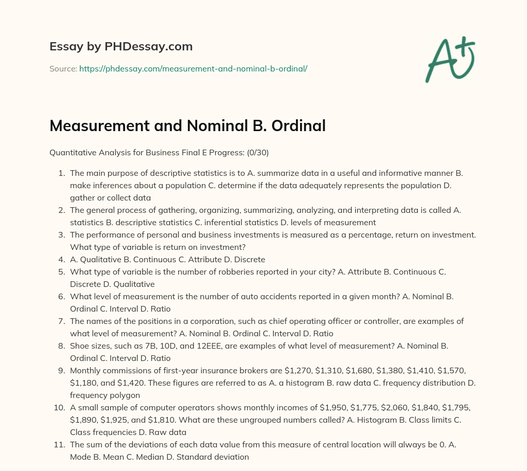 Measurement and Nominal B. Ordinal essay