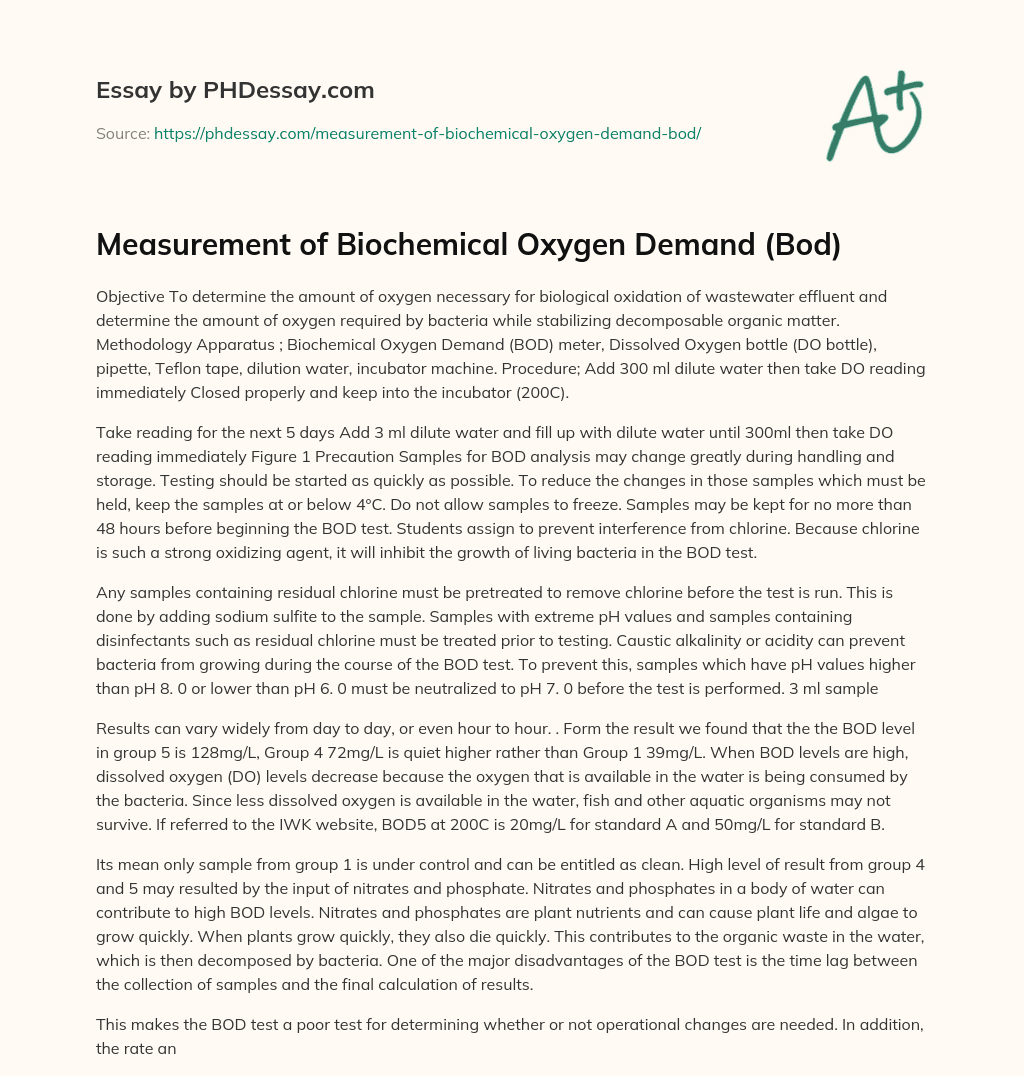 Measurement of Biochemical Oxygen Demand (Bod) essay