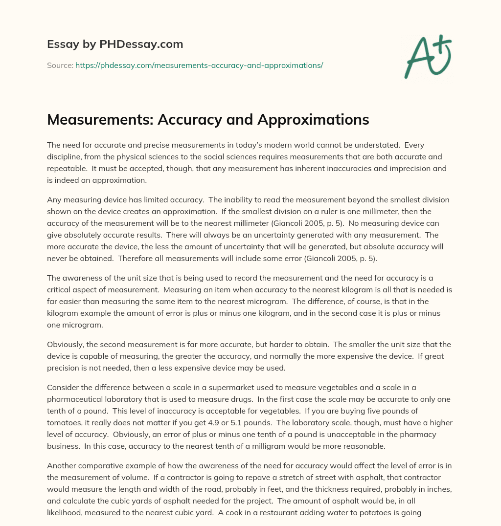 Measurements:  Accuracy and Approximations essay