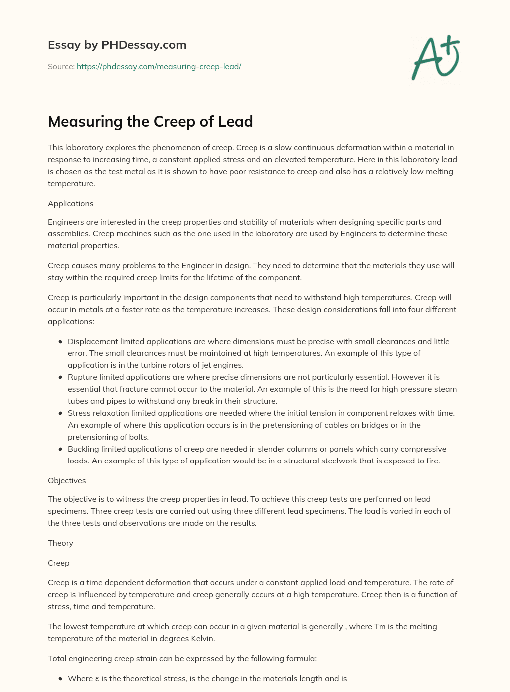 Measuring the Creep of Lead essay