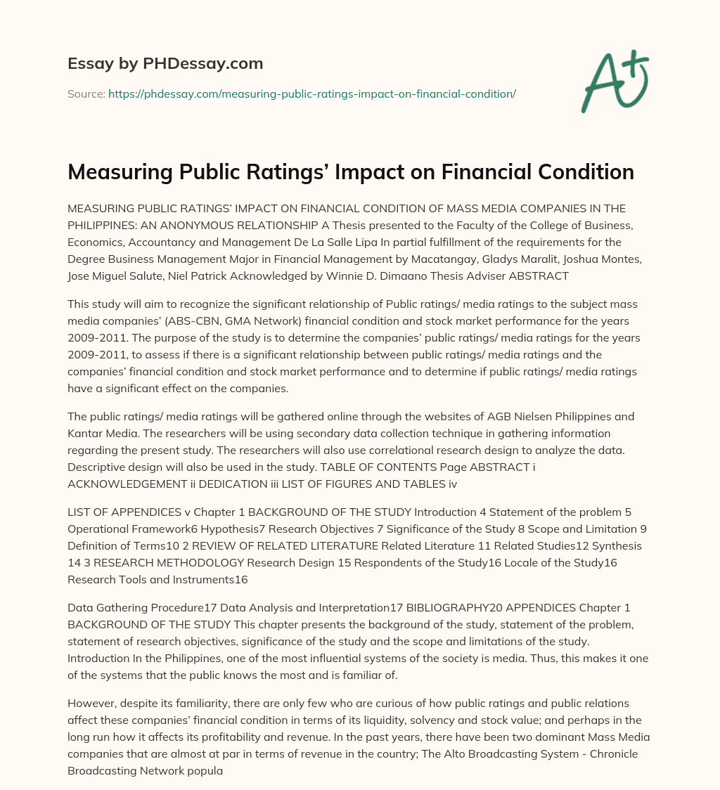 Measuring Public Ratings’ Impact on Financial Condition essay