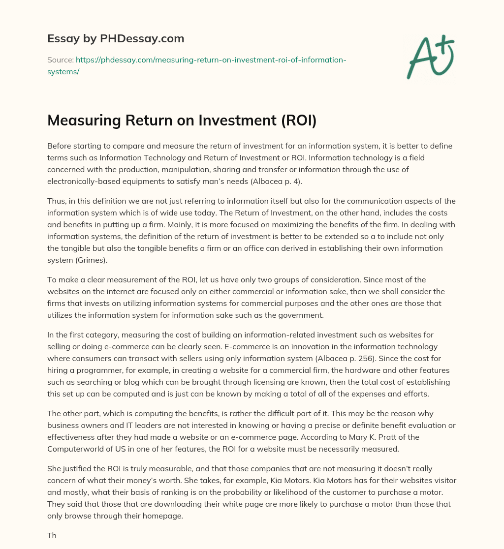 Measuring Return on Investment (ROI) essay