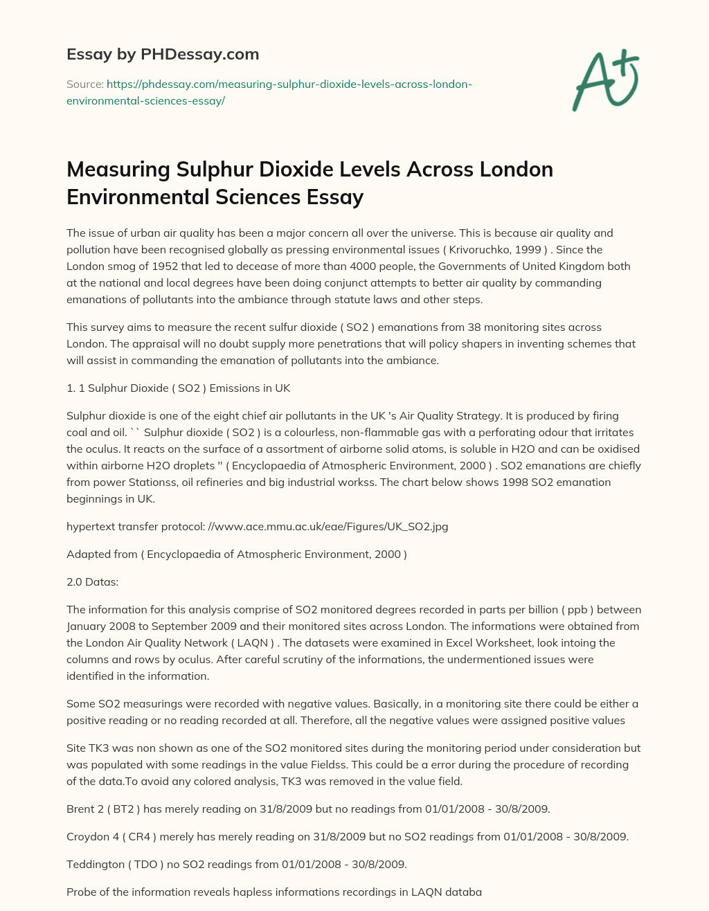 Measuring Sulphur Dioxide Levels Across London Environmental Sciences Essay essay