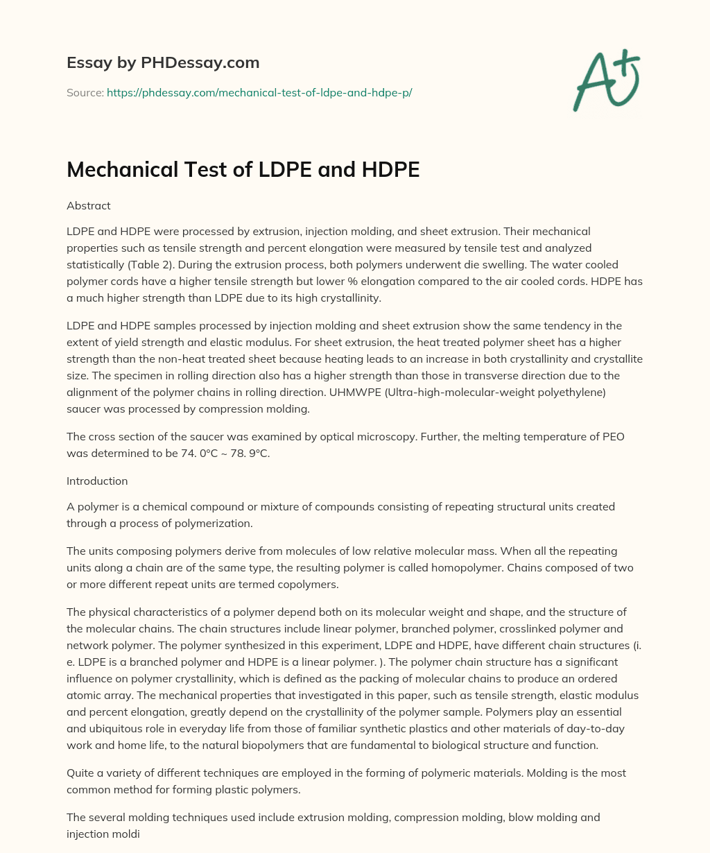 Mechanical Test of LDPE and HDPE essay