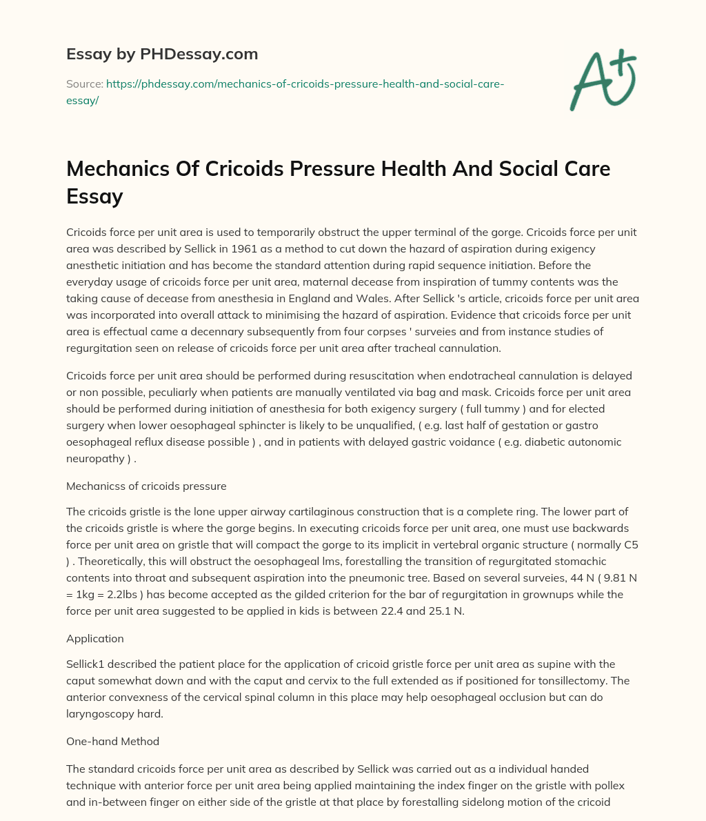 Mechanics Of Cricoids Pressure Health And Social Care Essay essay
