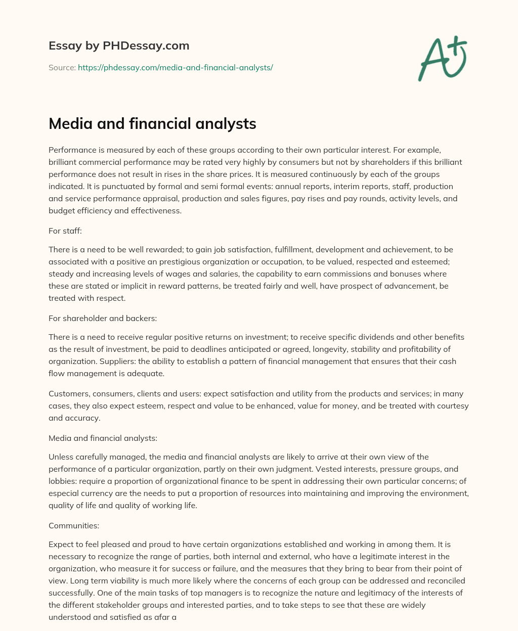 Media and financial analysts essay
