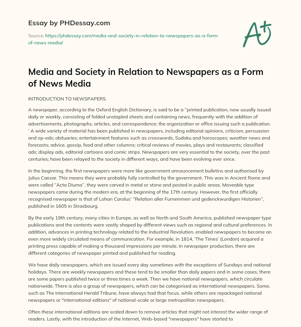 Media and Society in Relation to Newspapers as a Form of News Media essay