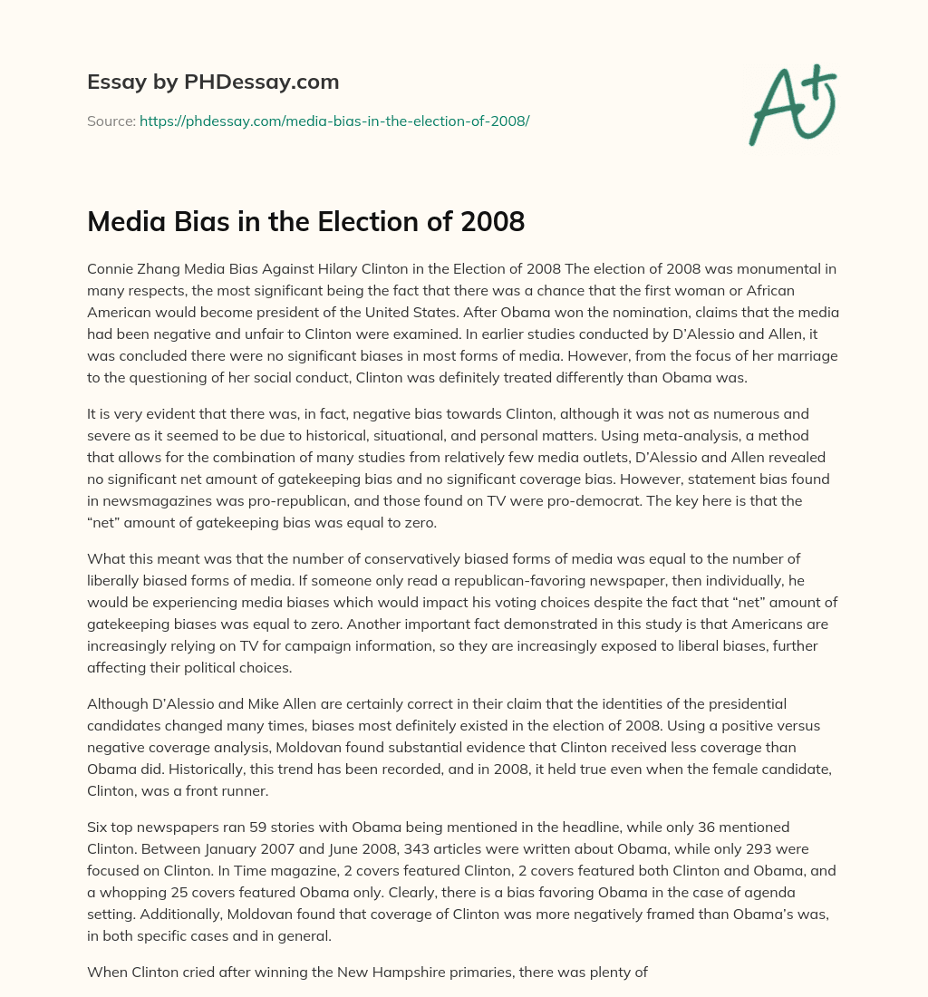 Media Bias in the Election of 2008 essay