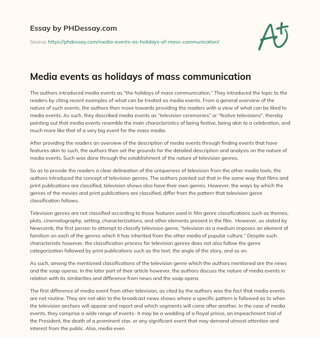 Media events as holidays of mass communication essay
