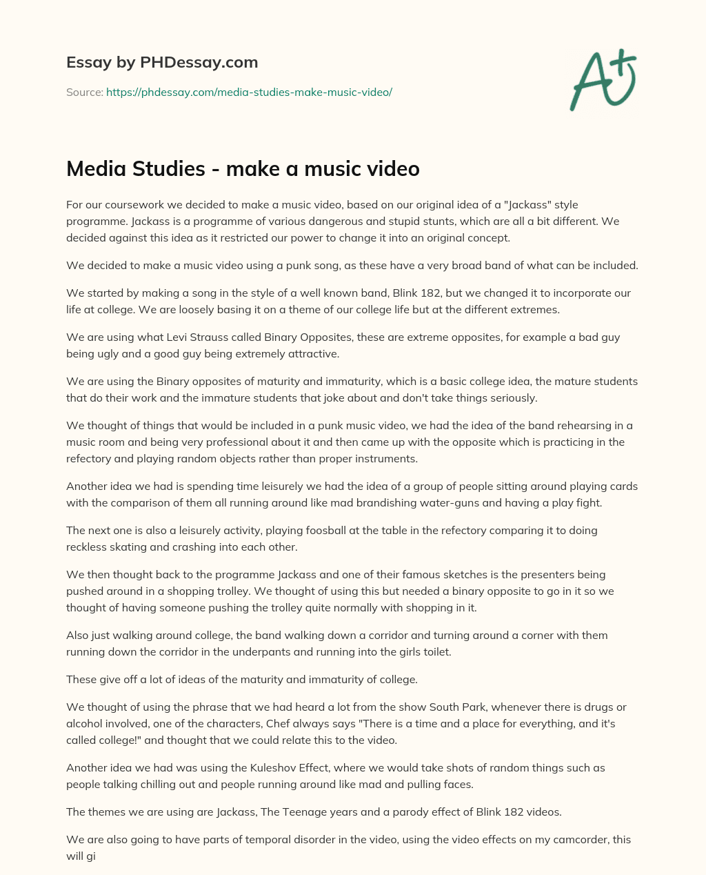Media Studies – make a music video essay
