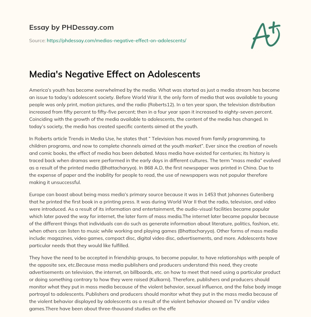 Media’s Negative Effect on Adolescents essay