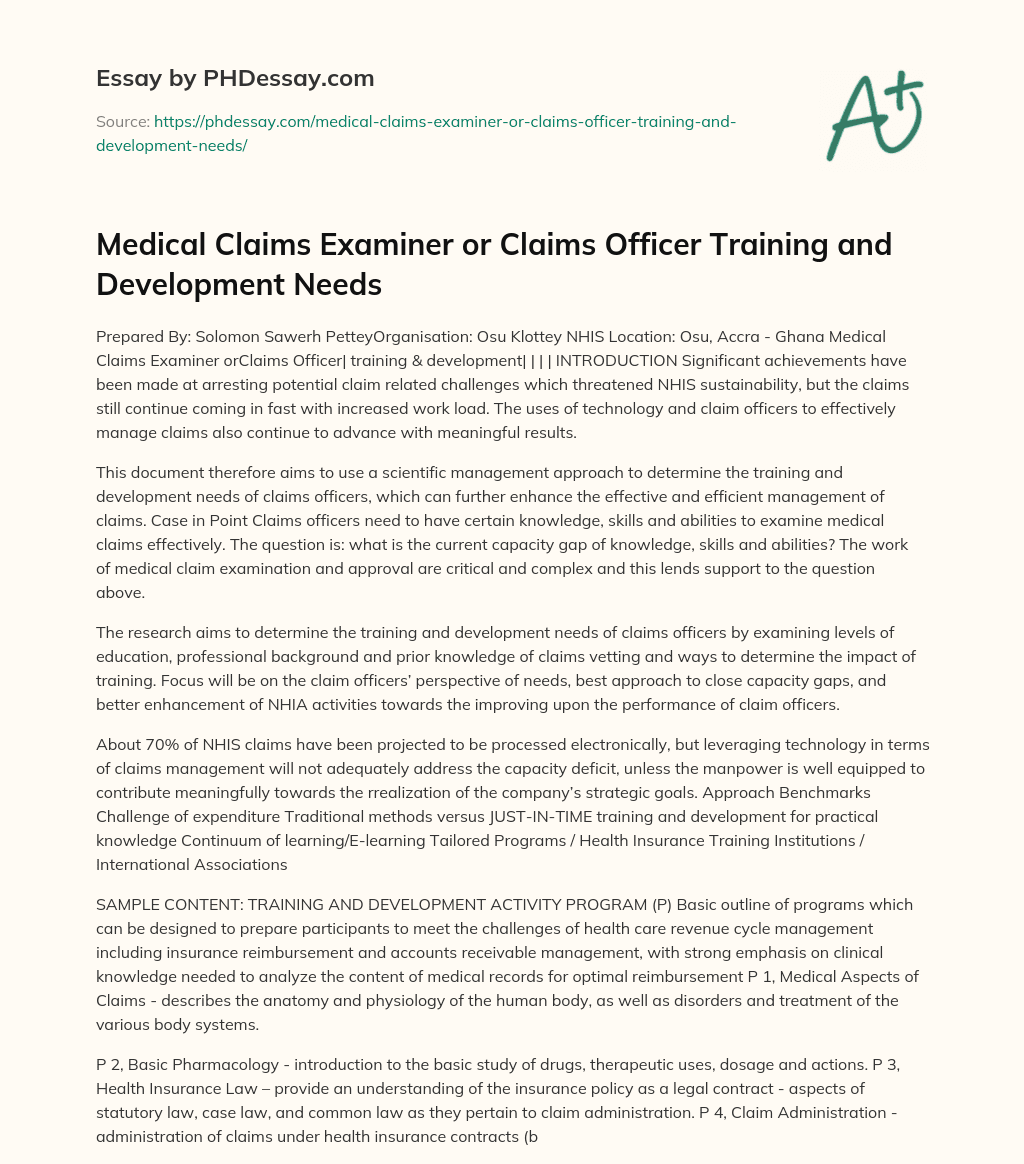 Medical Claims Examiner or Claims Officer Training and Development Needs essay