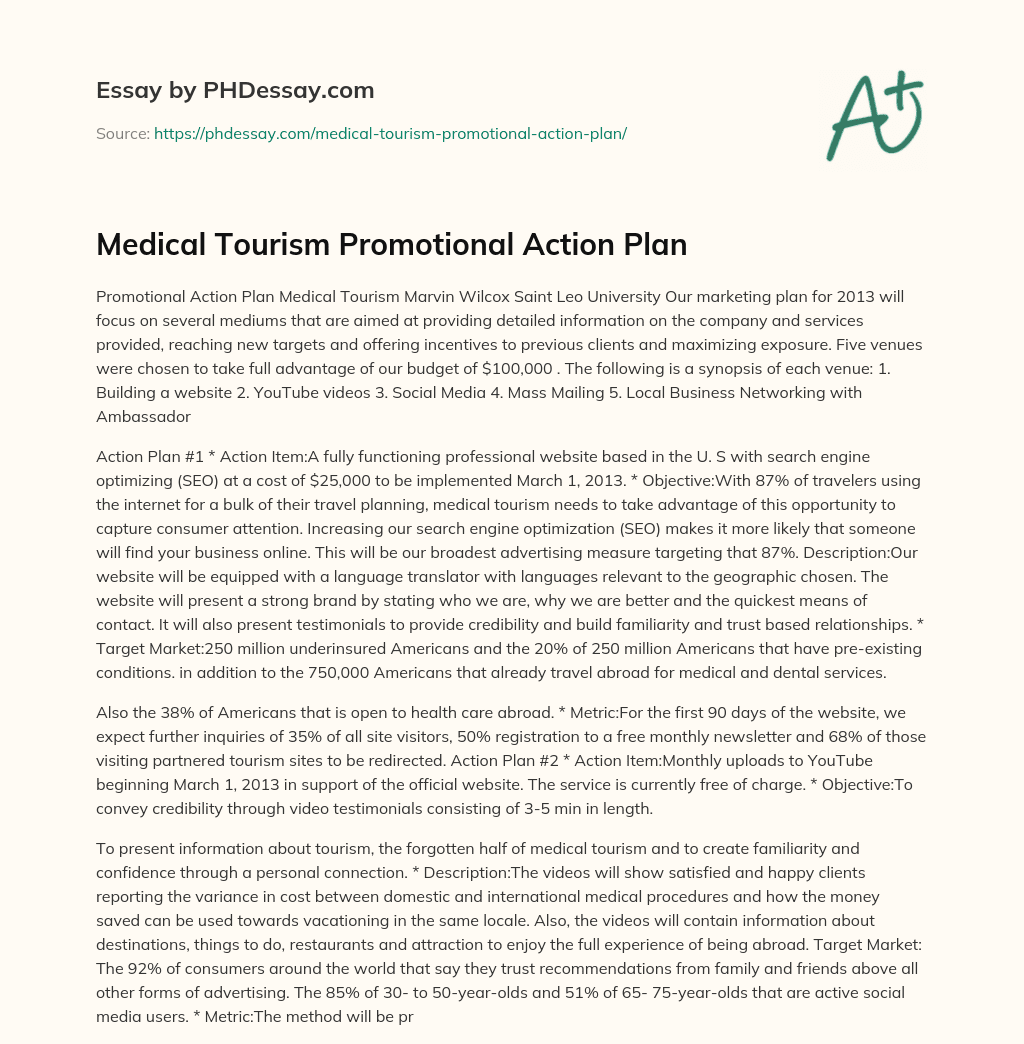 Medical Tourism Promotional Action Plan essay