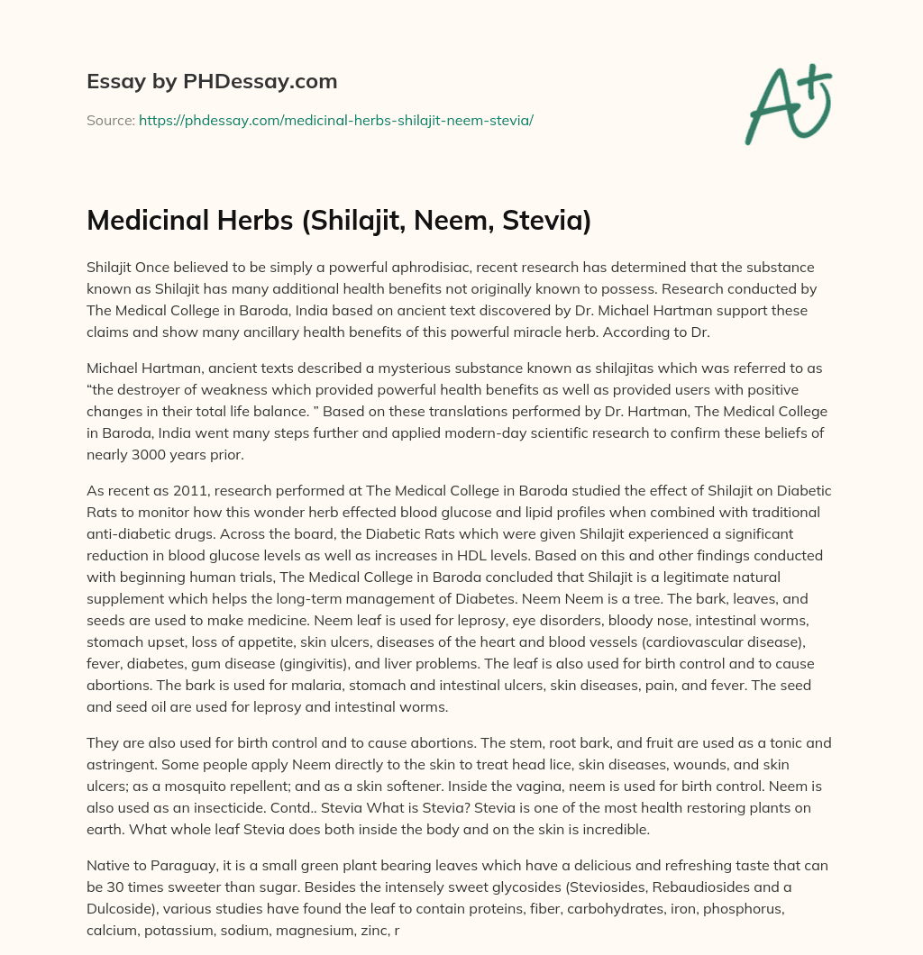 Medicinal Herbs (Shilajit, Neem, Stevia) essay