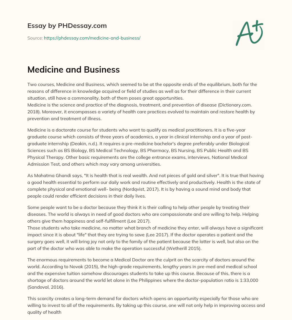 Medicine and Business essay