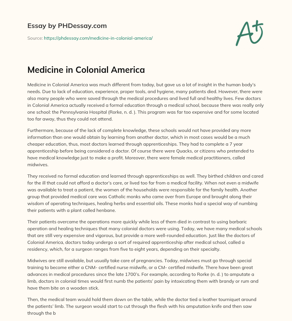 Medicine in Colonial America essay