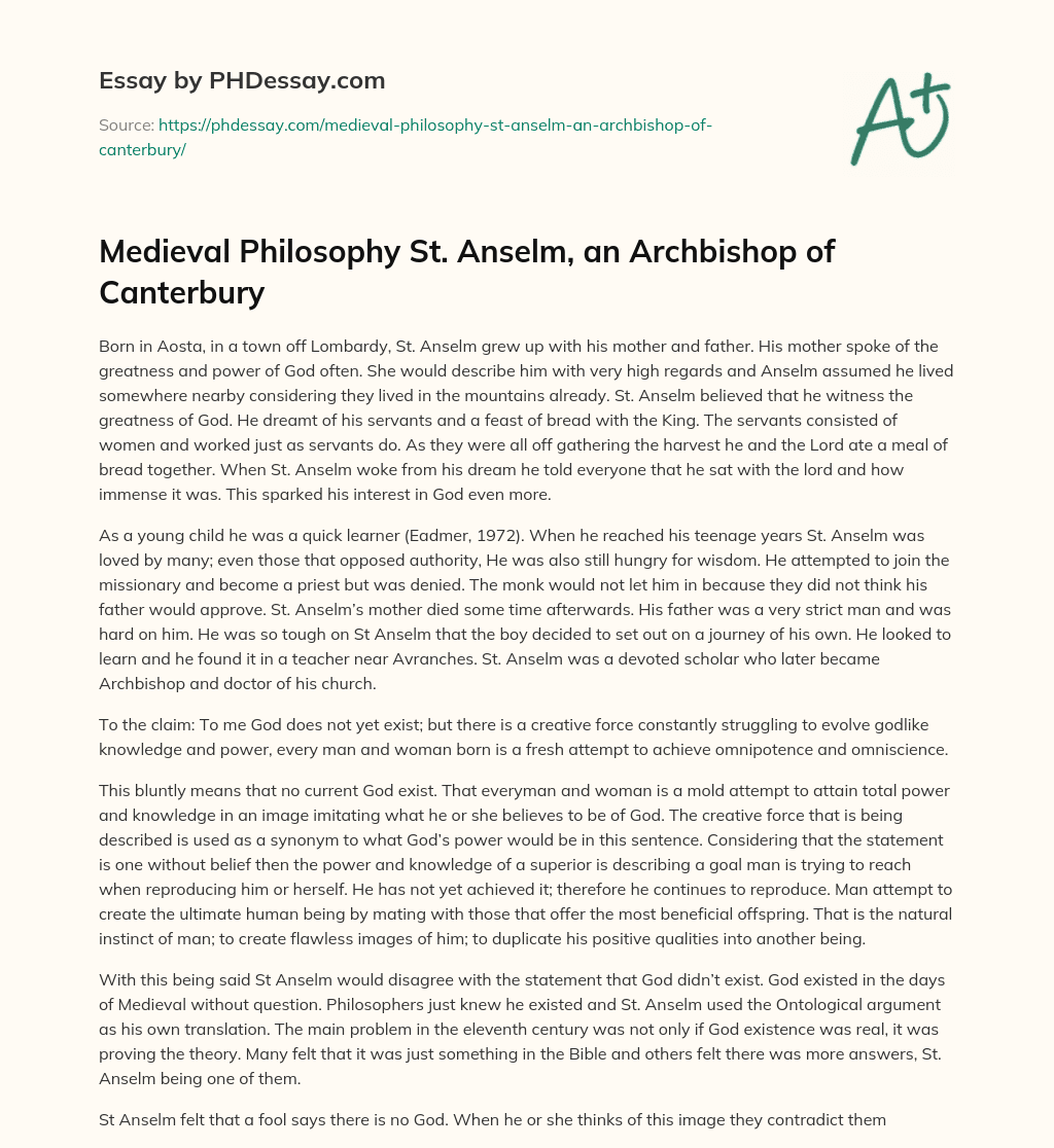 Medieval Philosophy St. Anselm, an Archbishop of Canterbury essay