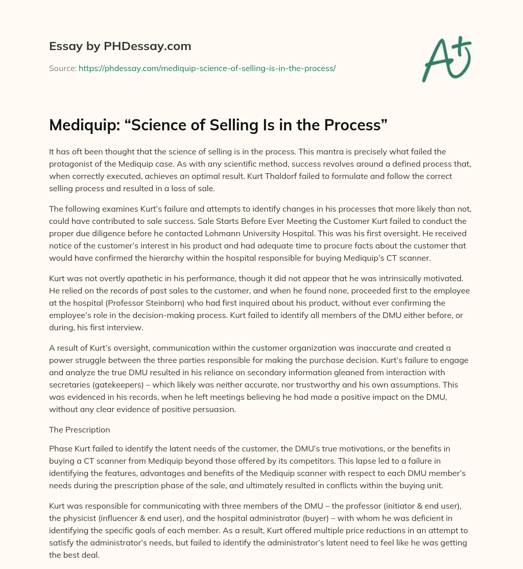 Mediquip: “Science of Selling Is in the Process” essay