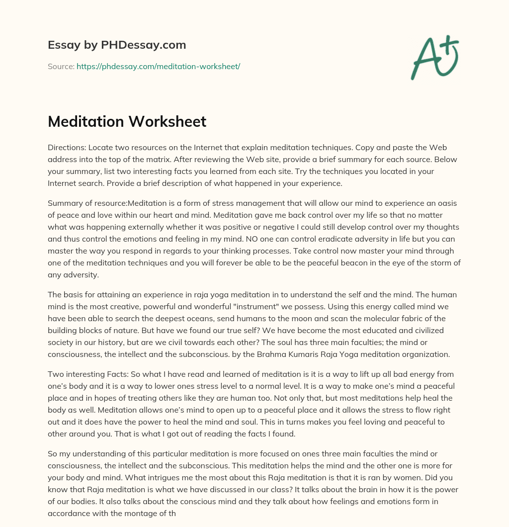 Meditation Worksheet essay