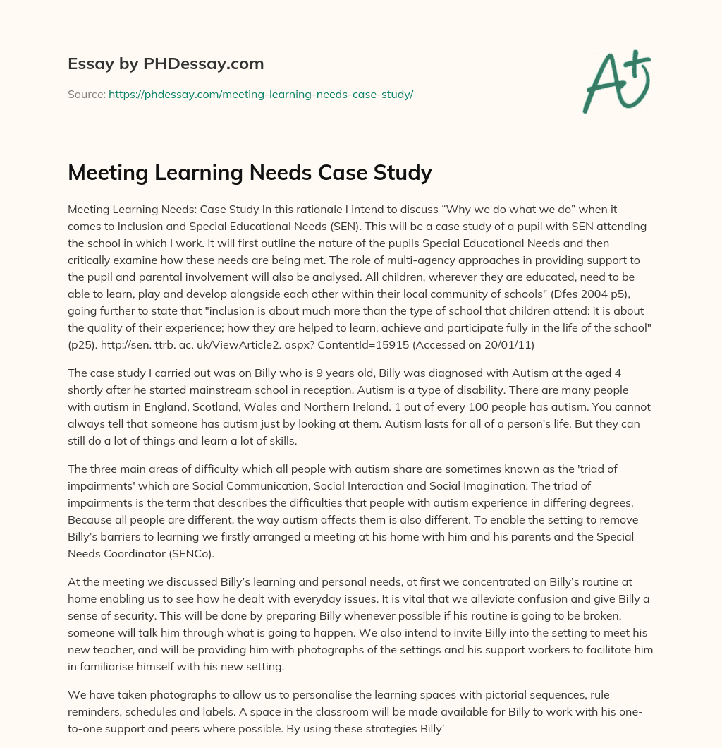 Meeting Learning Needs Case Study essay