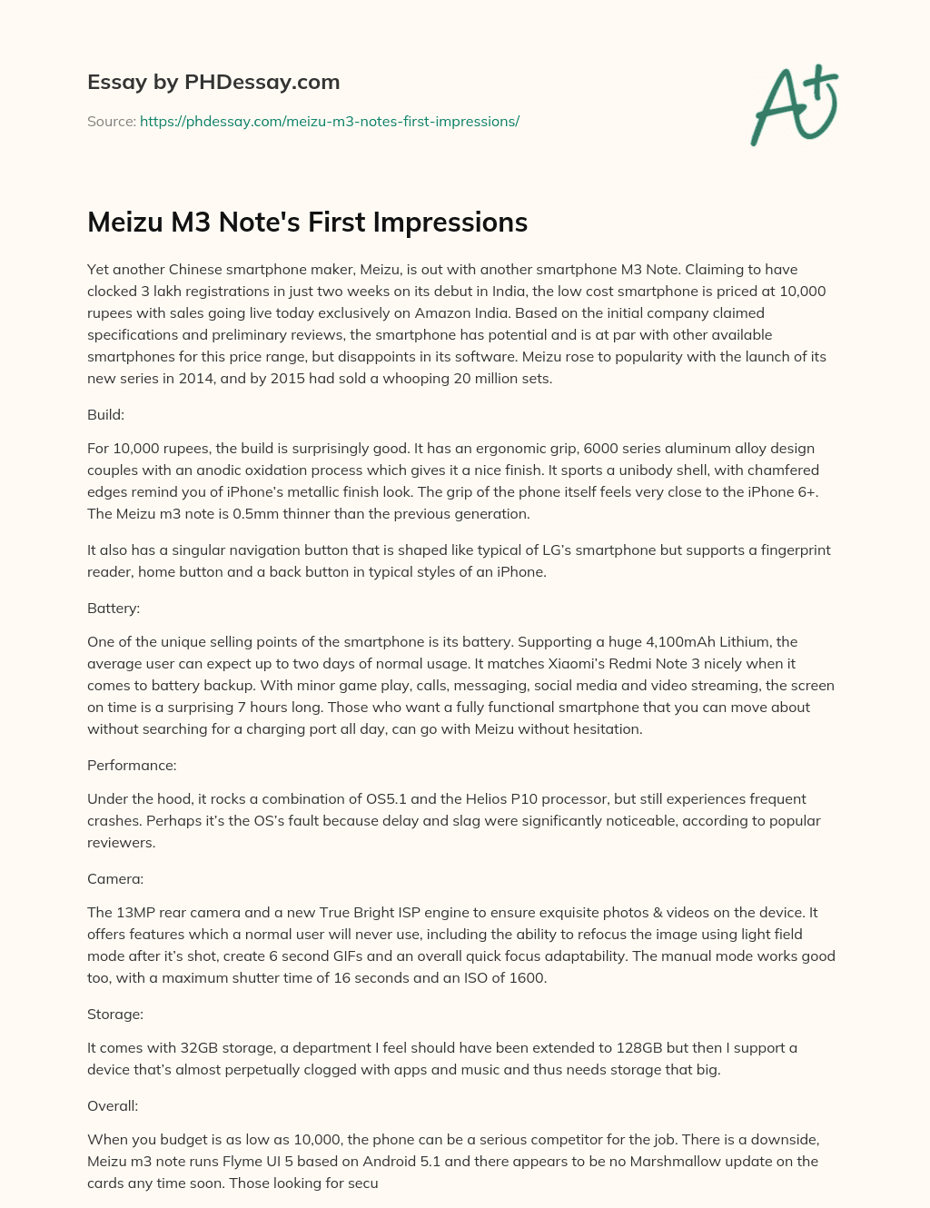 Meizu M3 Note’s First Impressions essay