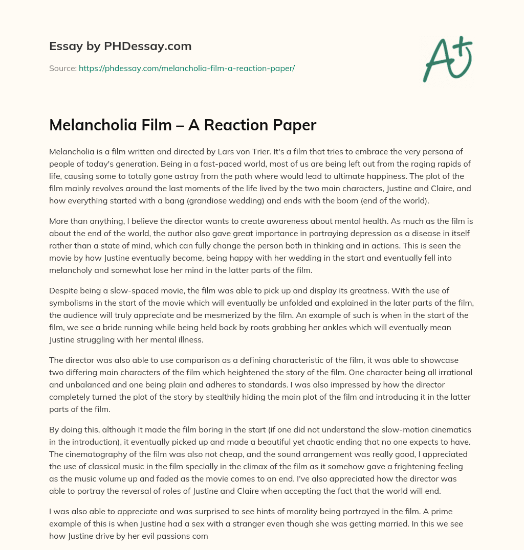 Melancholia Film – A Reaction Paper essay