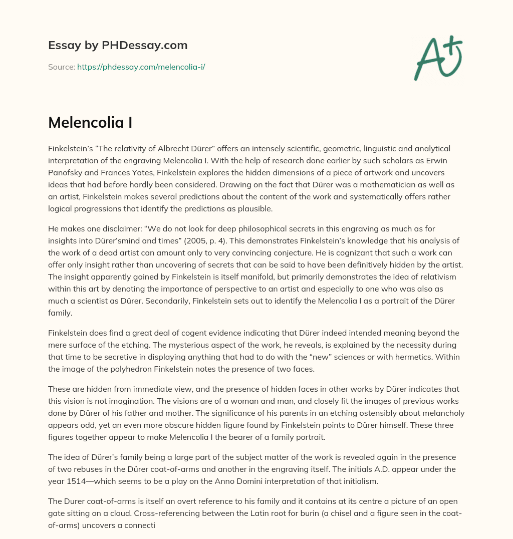 Analyzing Albrecht Dürer’s Engraving Melencolia I: Finkelstein’s Scientific and Analytical Interpretation. essay