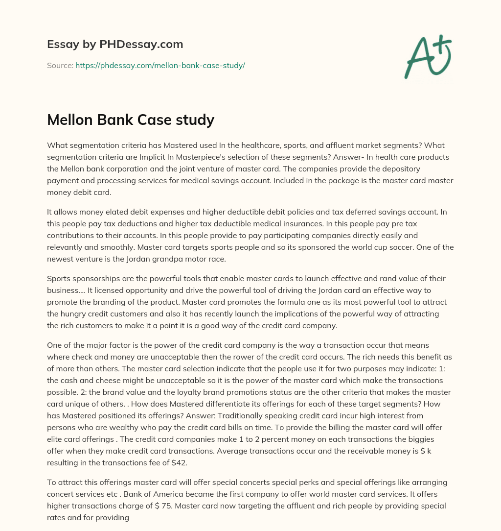 Mellon Bank Case study essay