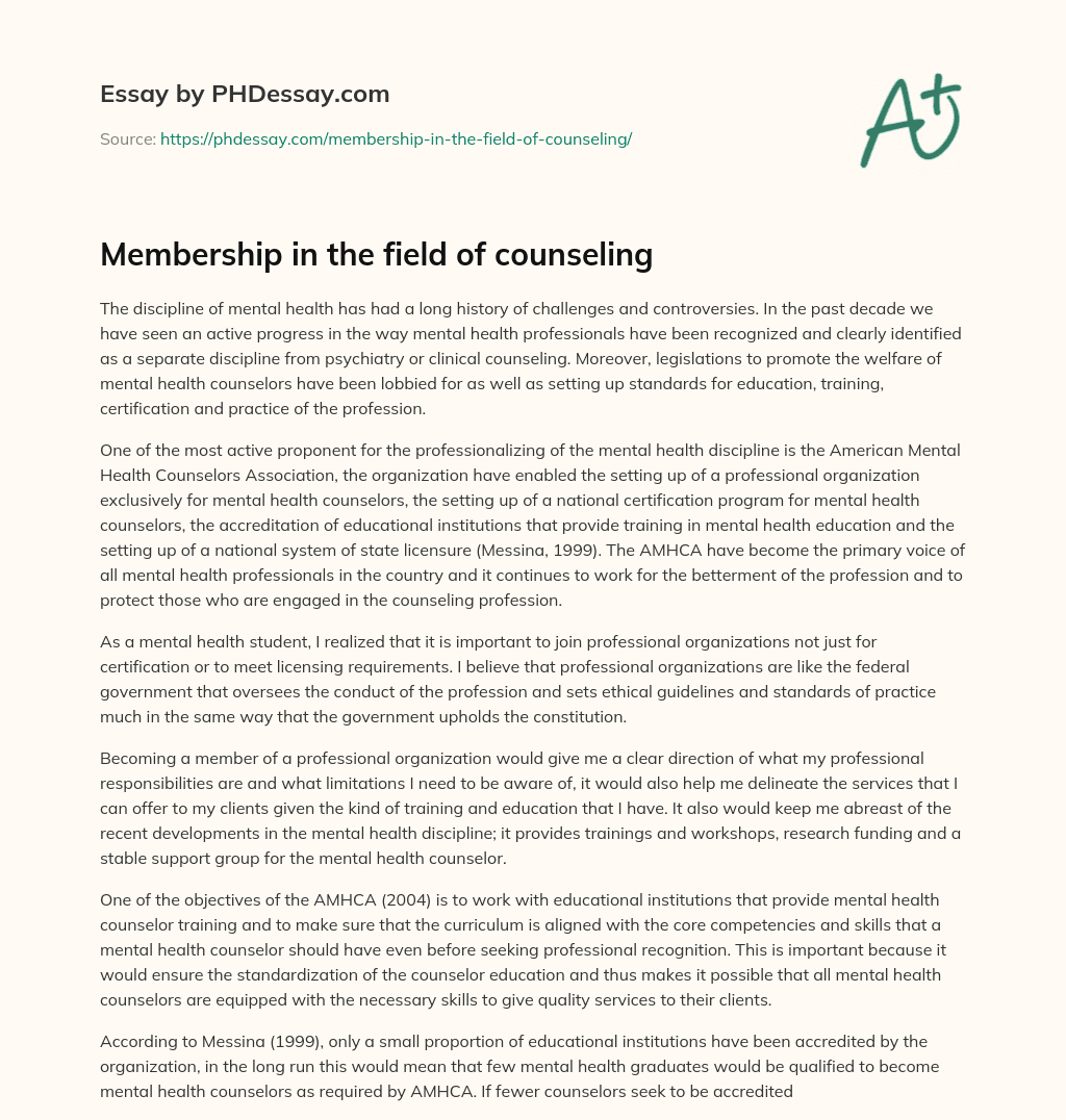 Membership in the field of counseling essay