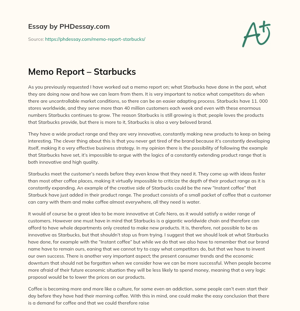 Memo Report – Starbucks essay