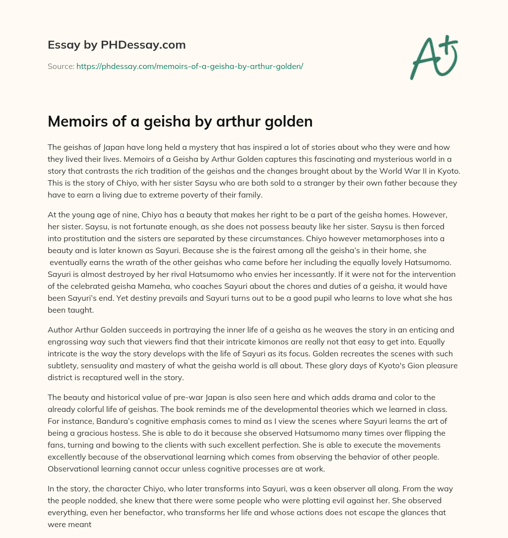 Memoirs of a geisha by arthur golden essay
