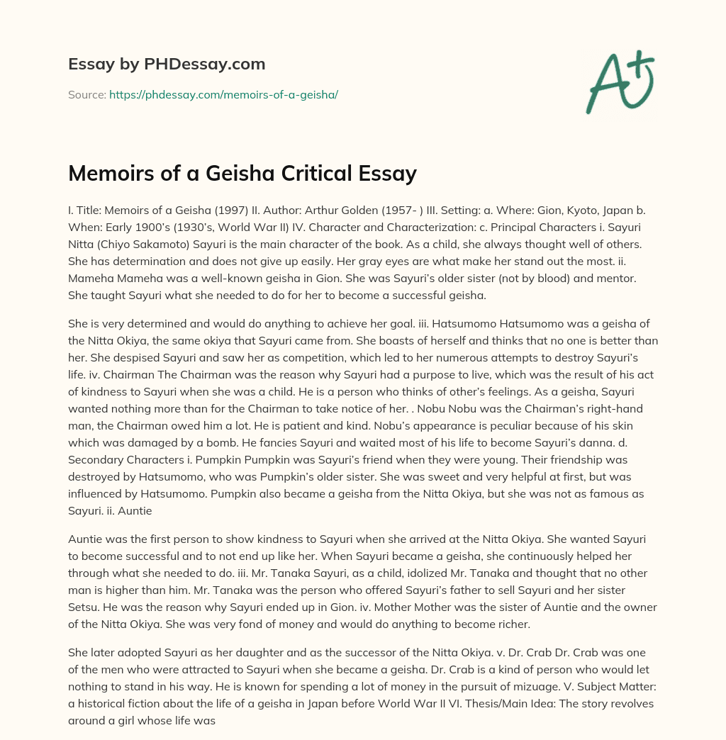 Memoirs of a Geisha Critical Essay essay
