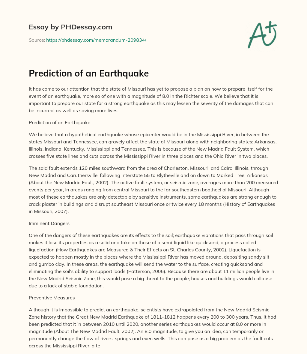 Prediction of an Earthquake essay