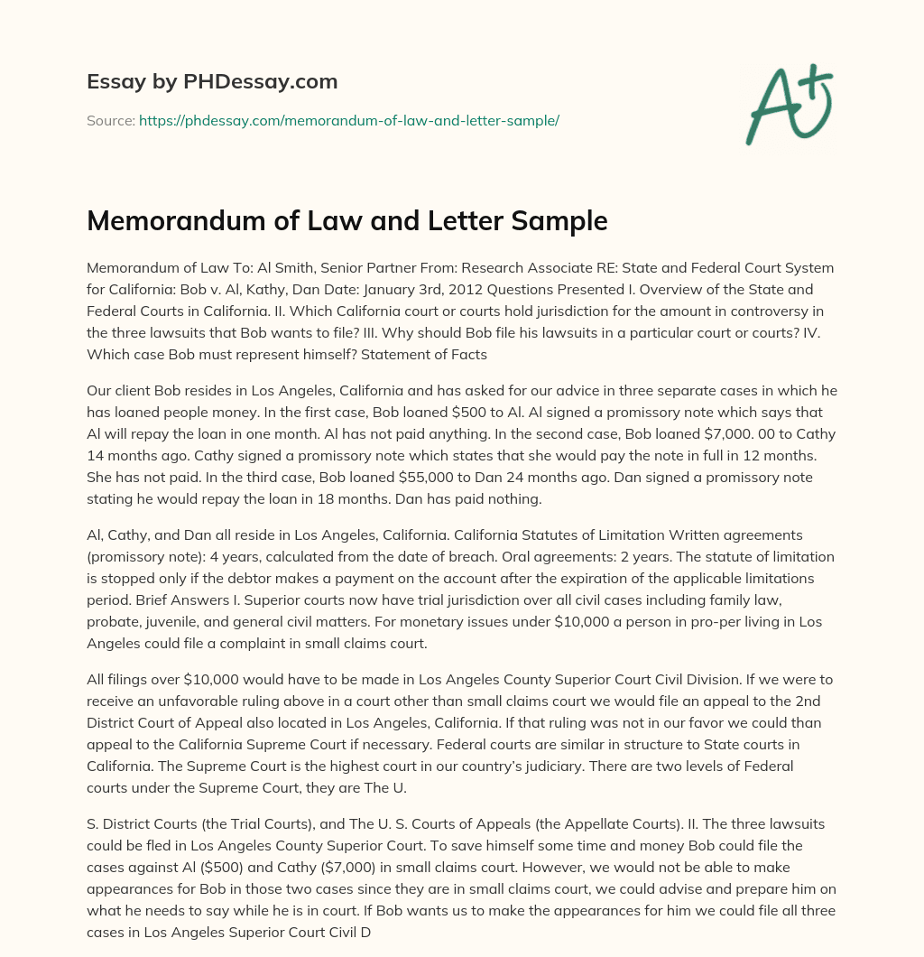 Memorandum of Law and Letter Sample essay