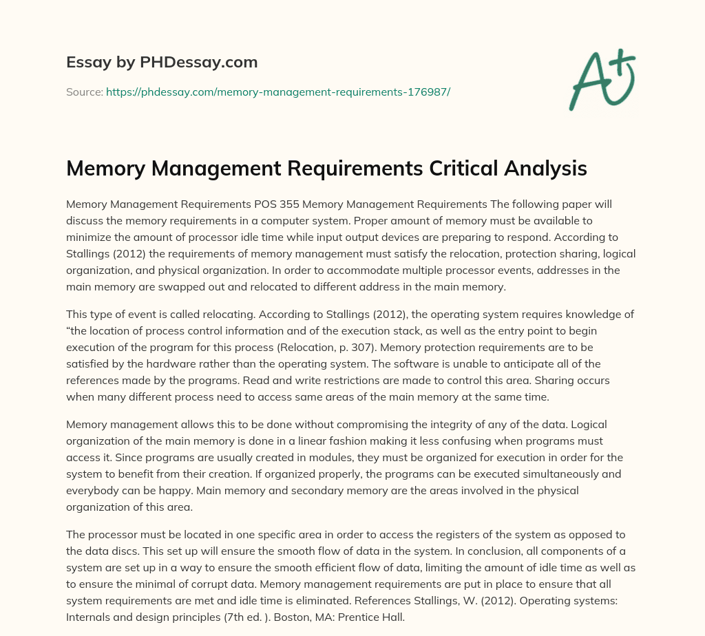 Memory Management Requirements Critical Analysis essay