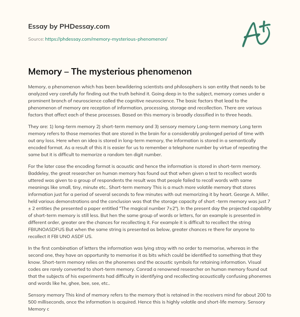 Memory – The mysterious phenomenon essay