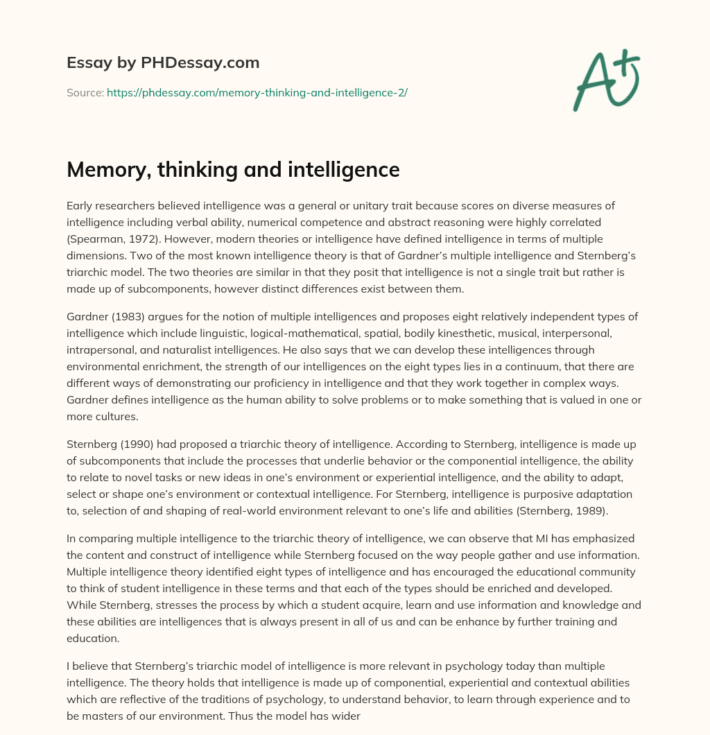 Memory, thinking and intelligence essay