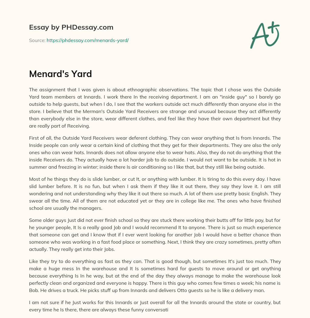 Menard’s Yard essay