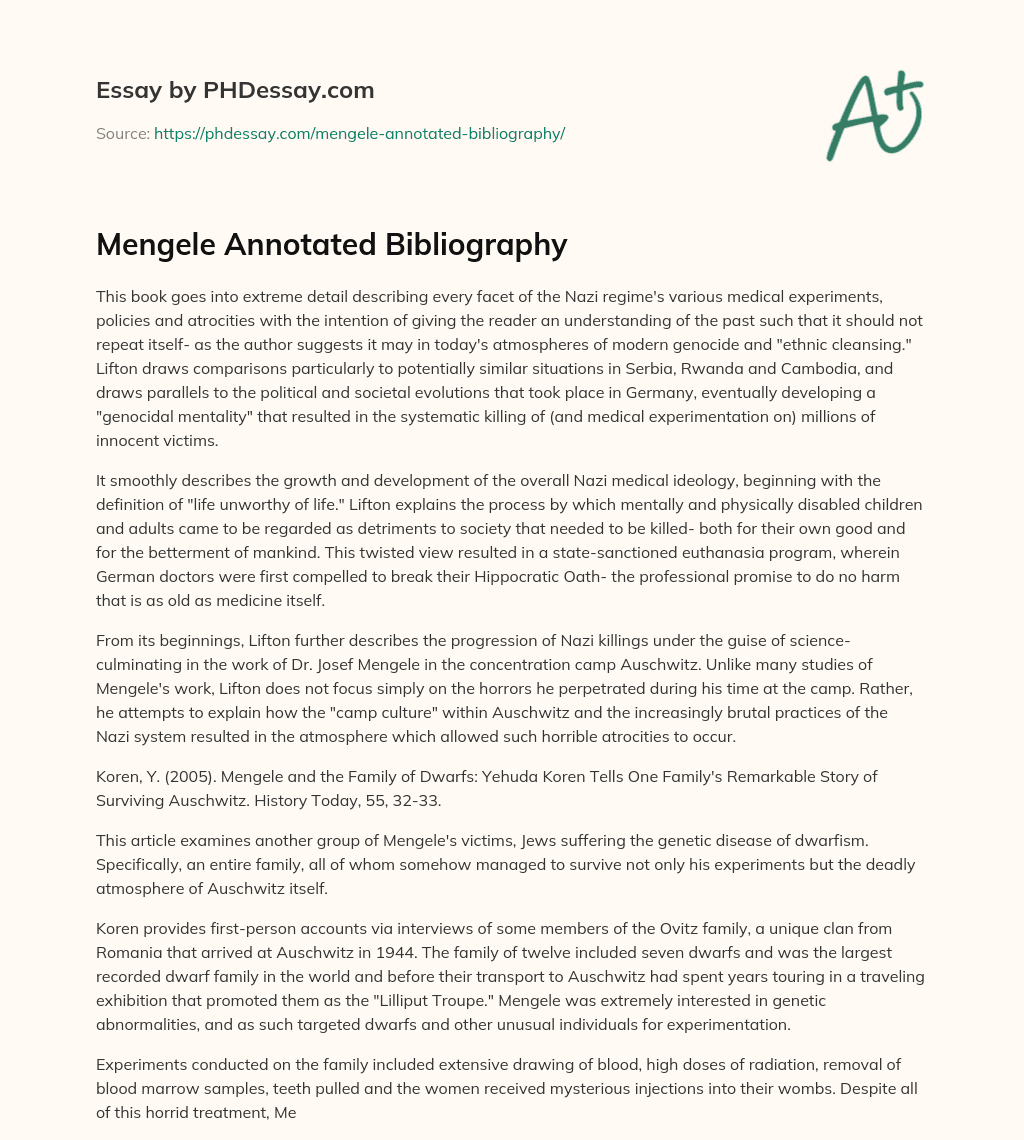 Mengele Annotated Bibliography essay
