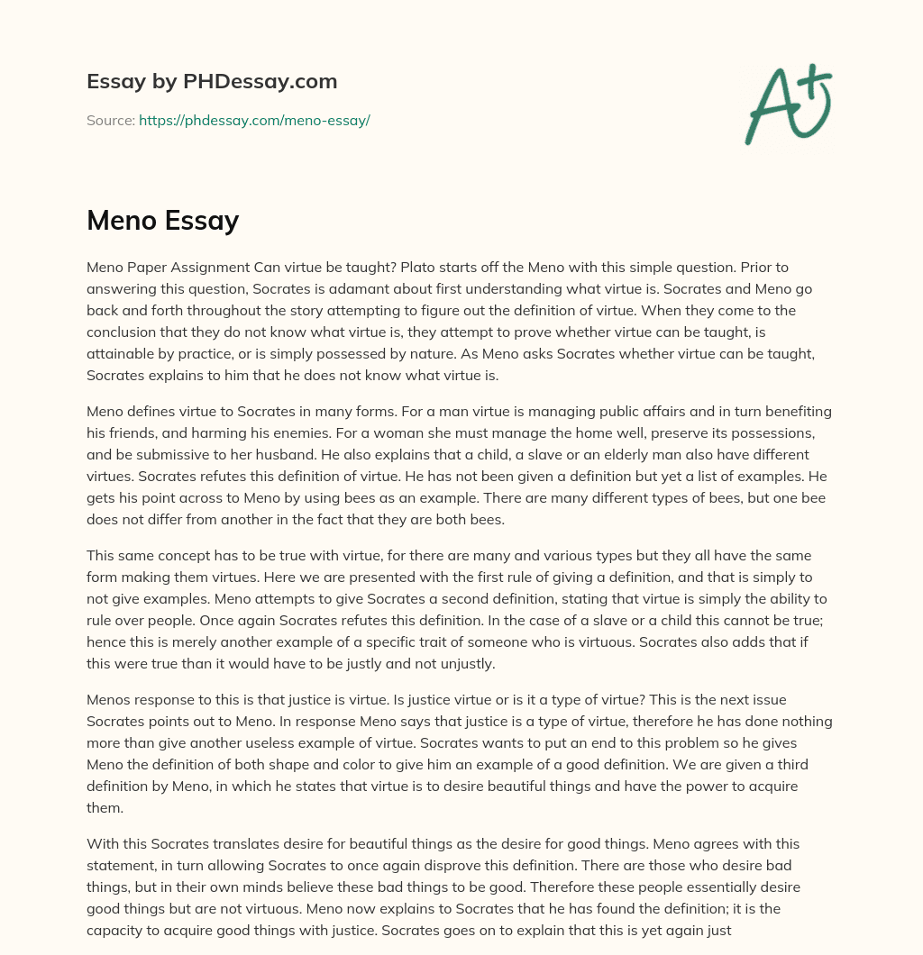 Plato’s Meno: Exploring the Definition and Teachability of Virtue essay