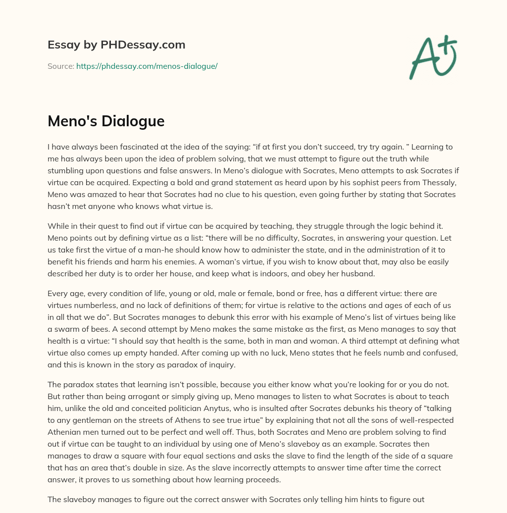 Meno’s Dialogue essay